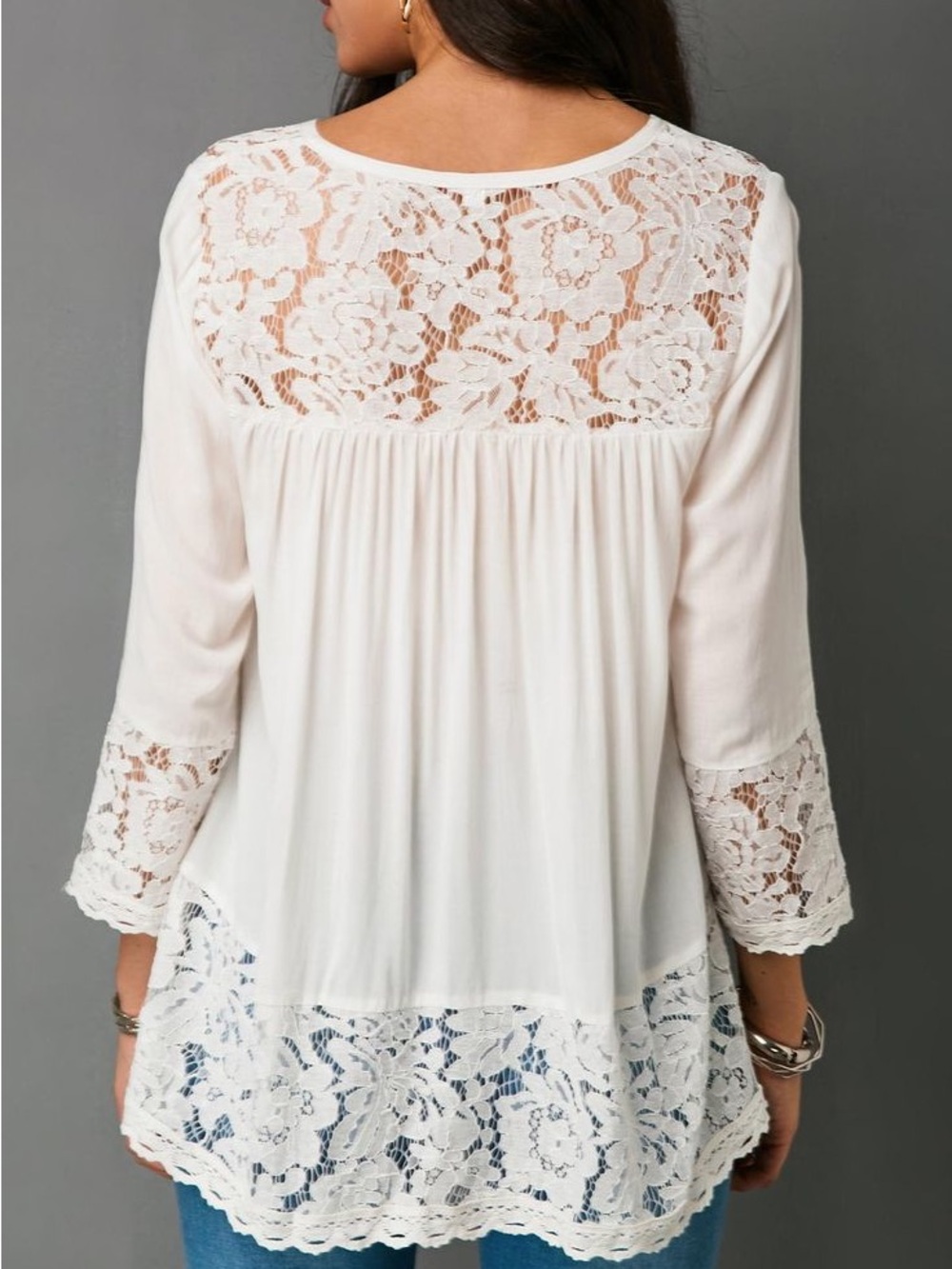 Kohl’s ~ Lace Trim ~ V-Neck Blouse ~ White ~ Decorative Buttons - Picture 4 of 8